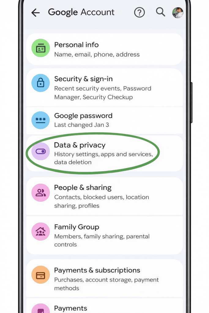 google account data and privacy section open on mobile for youtube channel permanently delete process