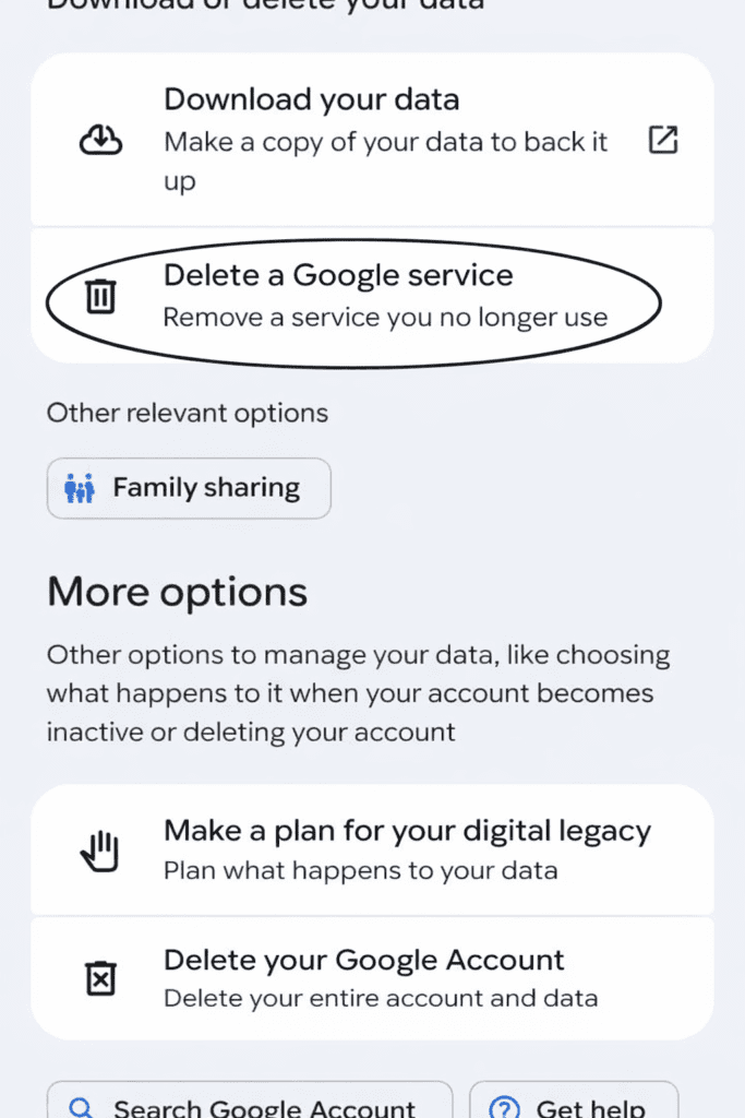 delete a google service option in data and privacy section for youtube channel permanently delete