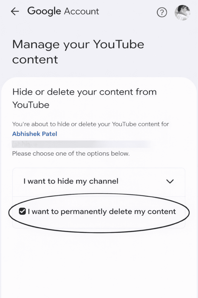 confirm permanently delete youtube channel option screen in google account settings