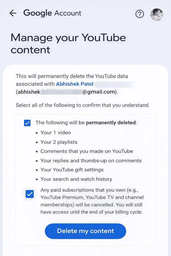 final delete my content button screen for youtube channel permanently delete process