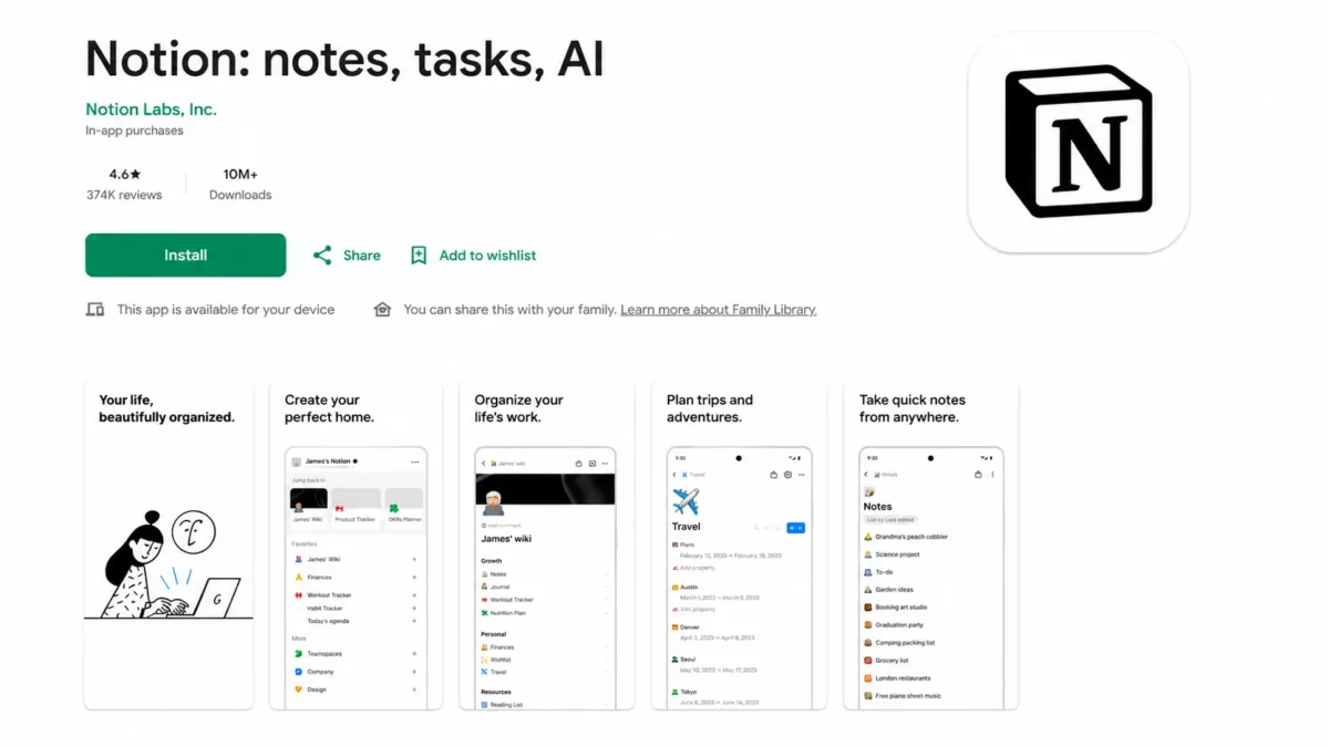 Notion app interface for students to manage notes, tasks, study planning and productivity