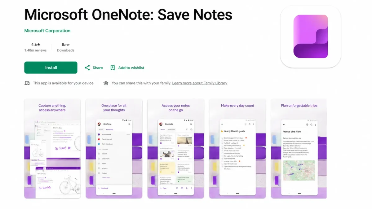Microsoft OneNote app interface for creating digital notes, organizing study material and managing notebooks