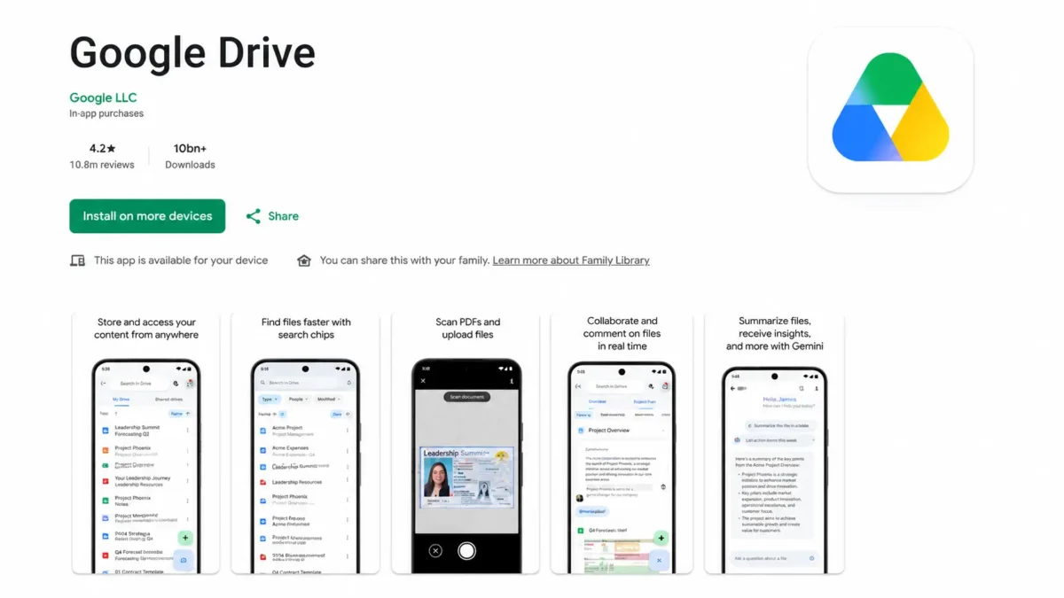 Google Drive app interface for storing, sharing and managing study files online
