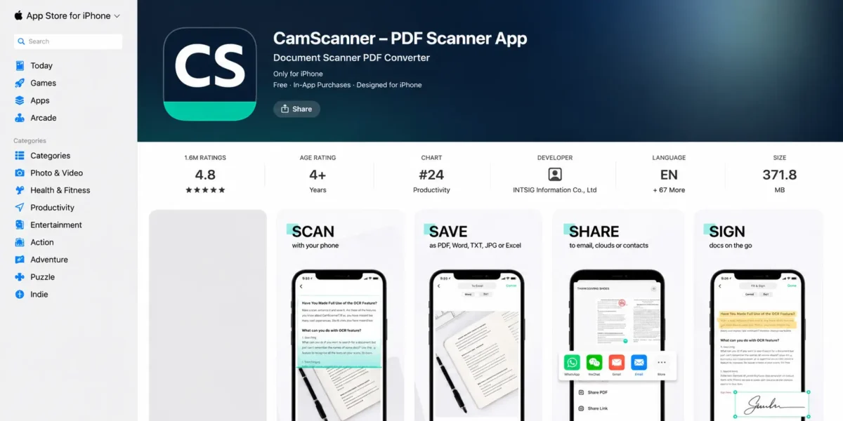 CamScanner app interface for scanning documents, creating PDF files and sharing study notes