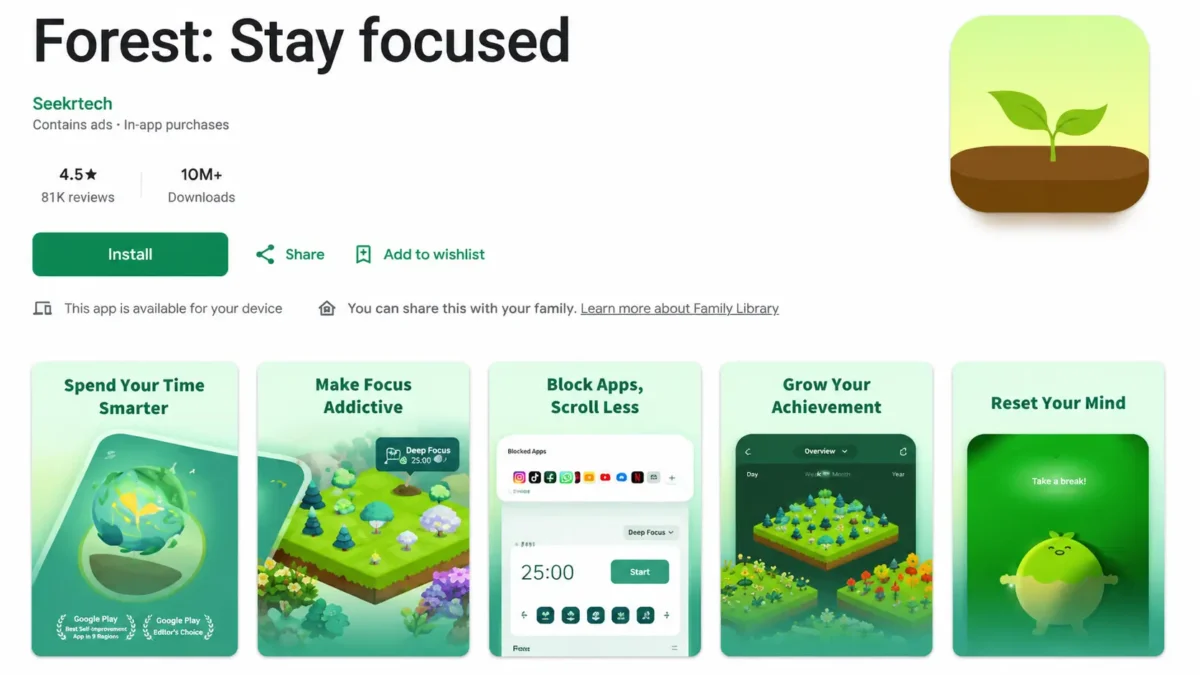 Forest app interface for improving study focus, time management and productivity