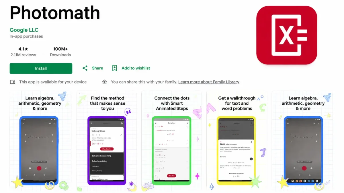 Photomath app interface for solving maths problems with step-by-step explanations