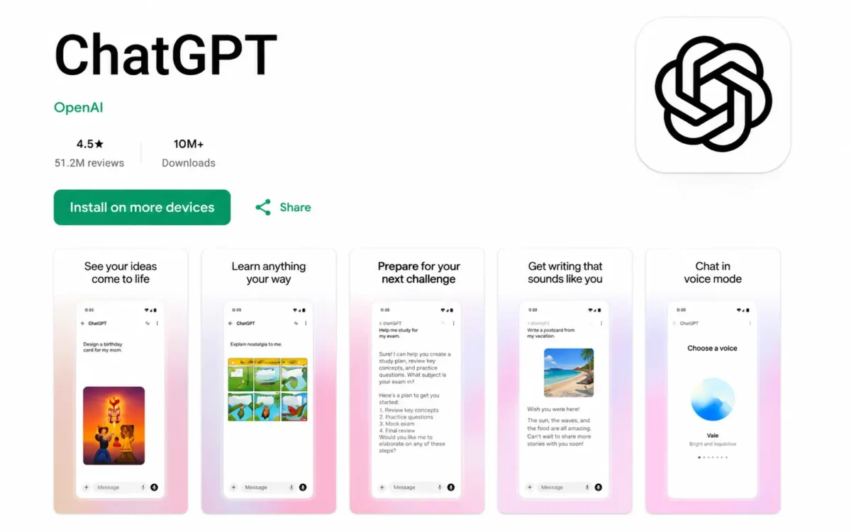ChatGPT app interface showing AI chat, writing, learning and voice conversation features