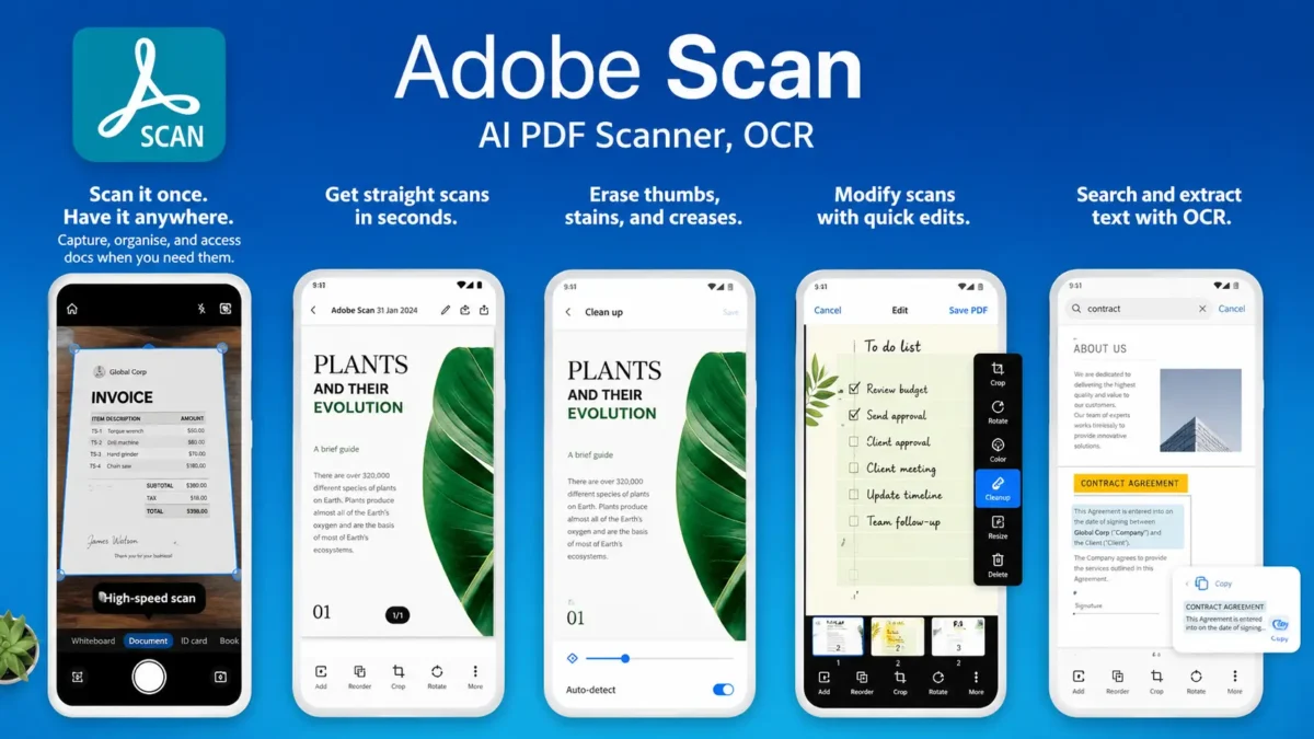 Adobe Scan app interface showing AI PDF scanning, OCR text extraction and document editing features