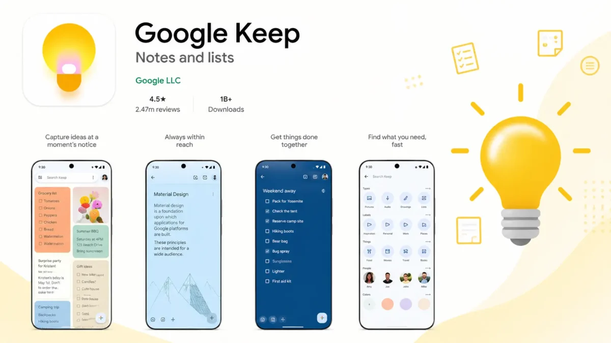 Google Keep app interface for students to create notes, lists and manage study tasks