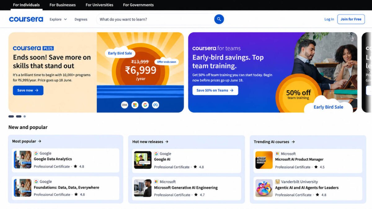 Coursera homepage showing free online courses with certificates for students in 2026