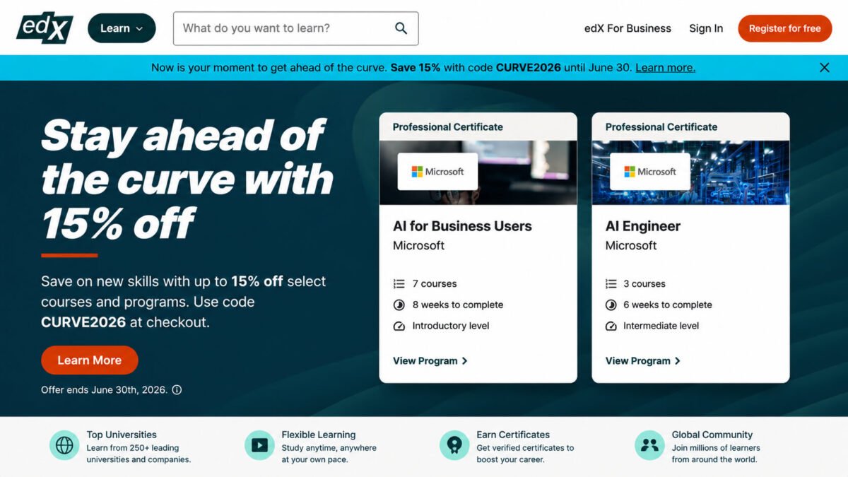 edX homepage displaying Microsoft professional certificate programs and free online learning opportunities.