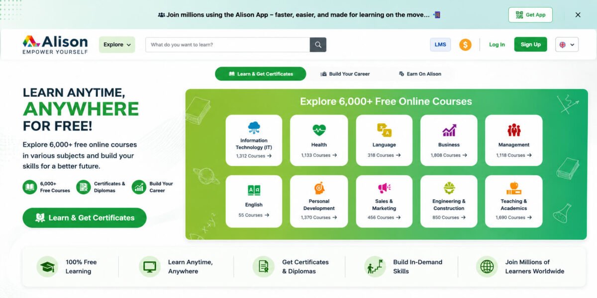 Alison website homepage showing 6,000+ free online courses across multiple categories including IT, Health, Business, Language, Personal Development, Sales & Marketing, Engineering, and Teaching, along with certificate options and career-building features.