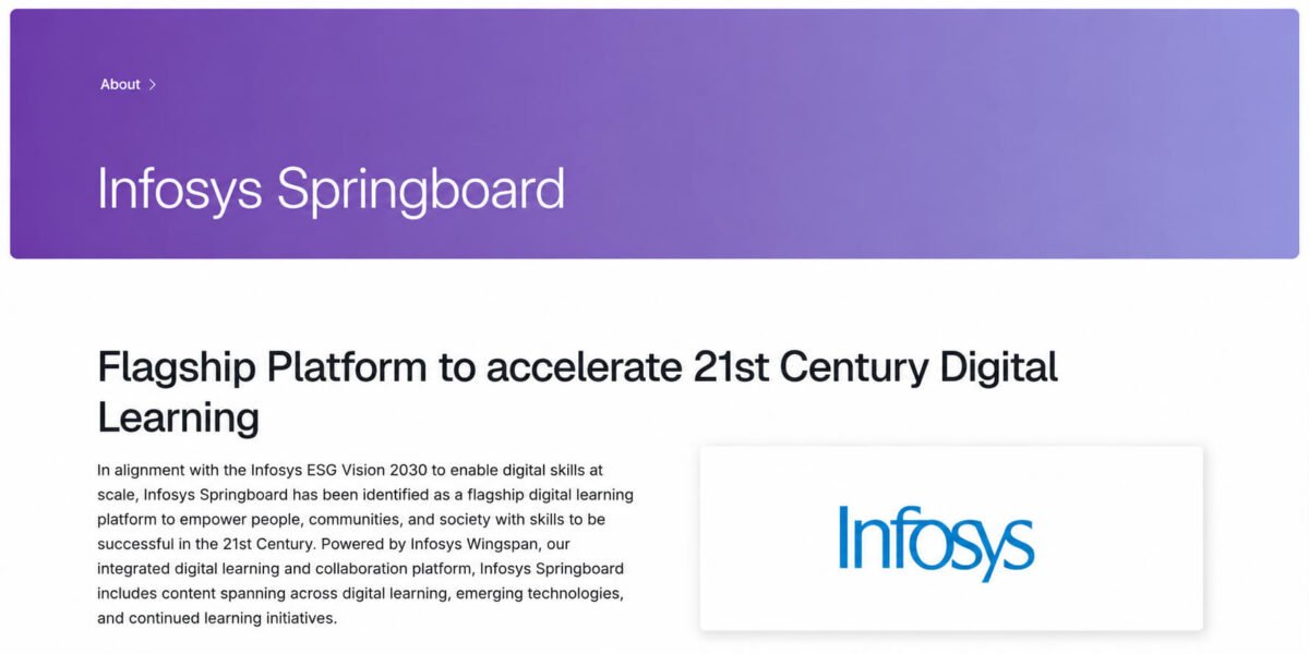 Infosys Springboard free online learning platform homepage showing digital learning courses and skill development resources