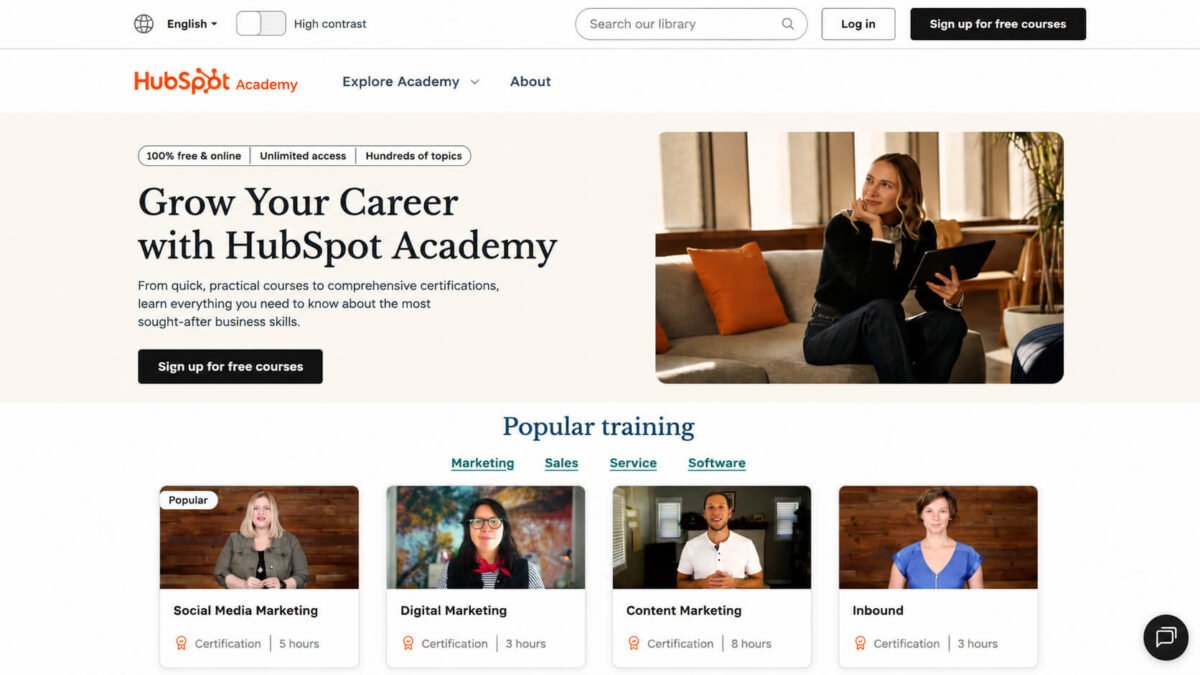 HubSpot Academy free online learning platform homepage