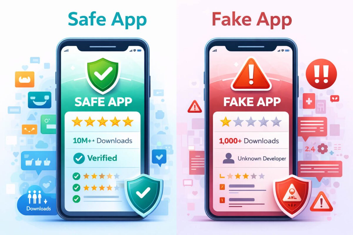 safe app vs fake app difference illustration on smartphone