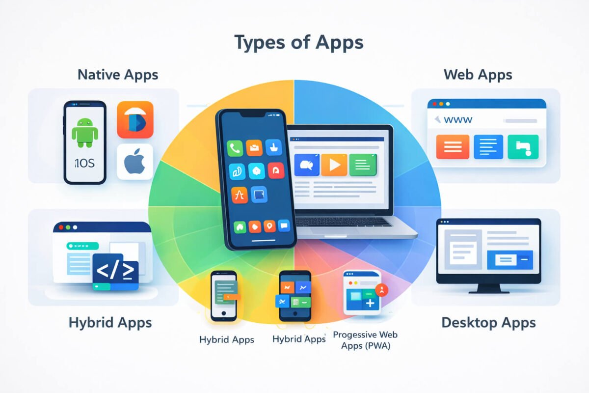types of apps native web hybrid progressive web apps and desktop apps infographic
