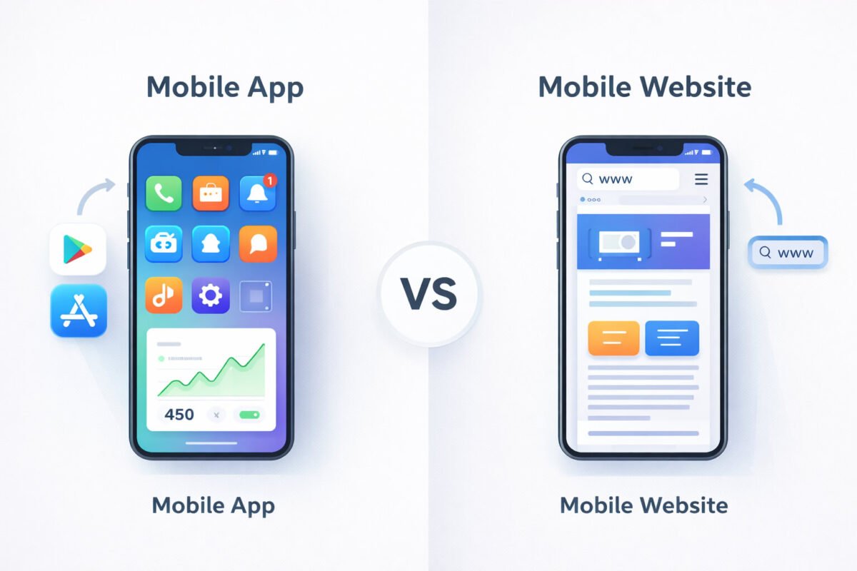 mobile app vs mobile website difference infographic on smartphone