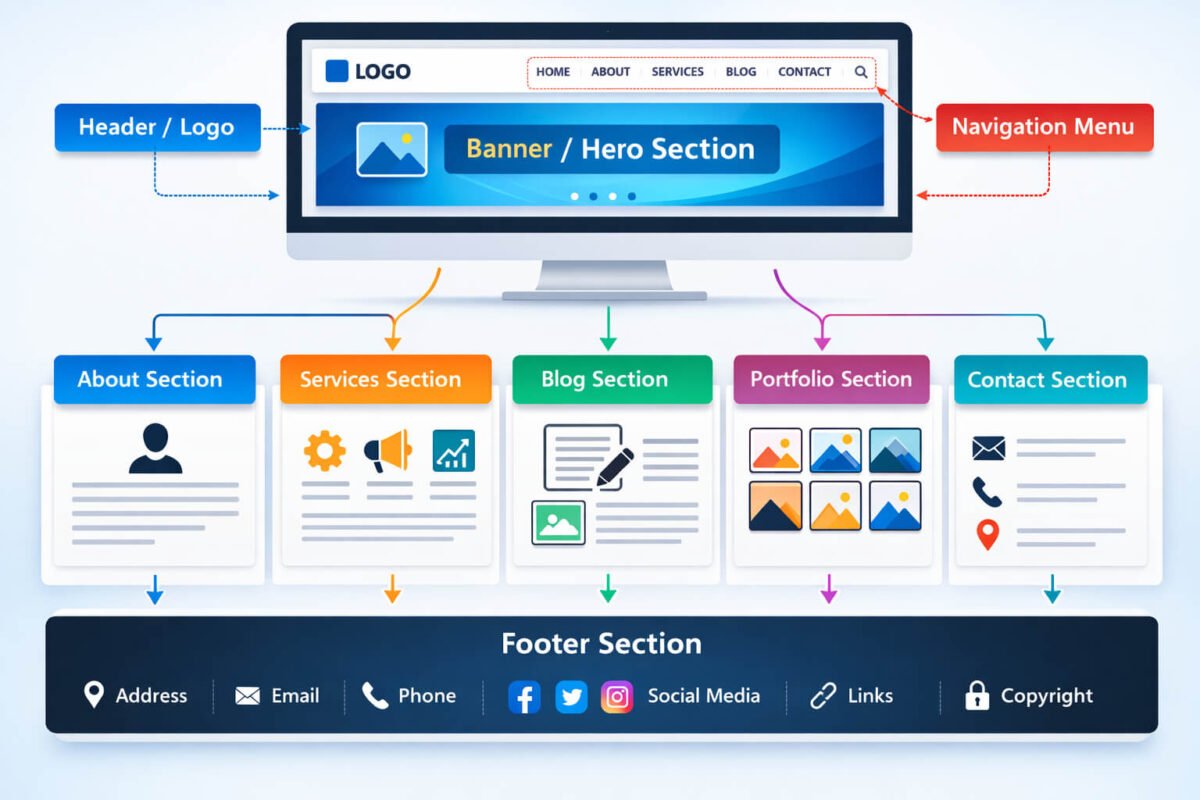 Main parts of a website layout including header, navigation menu, about section, services section, blog section, portfolio and footer