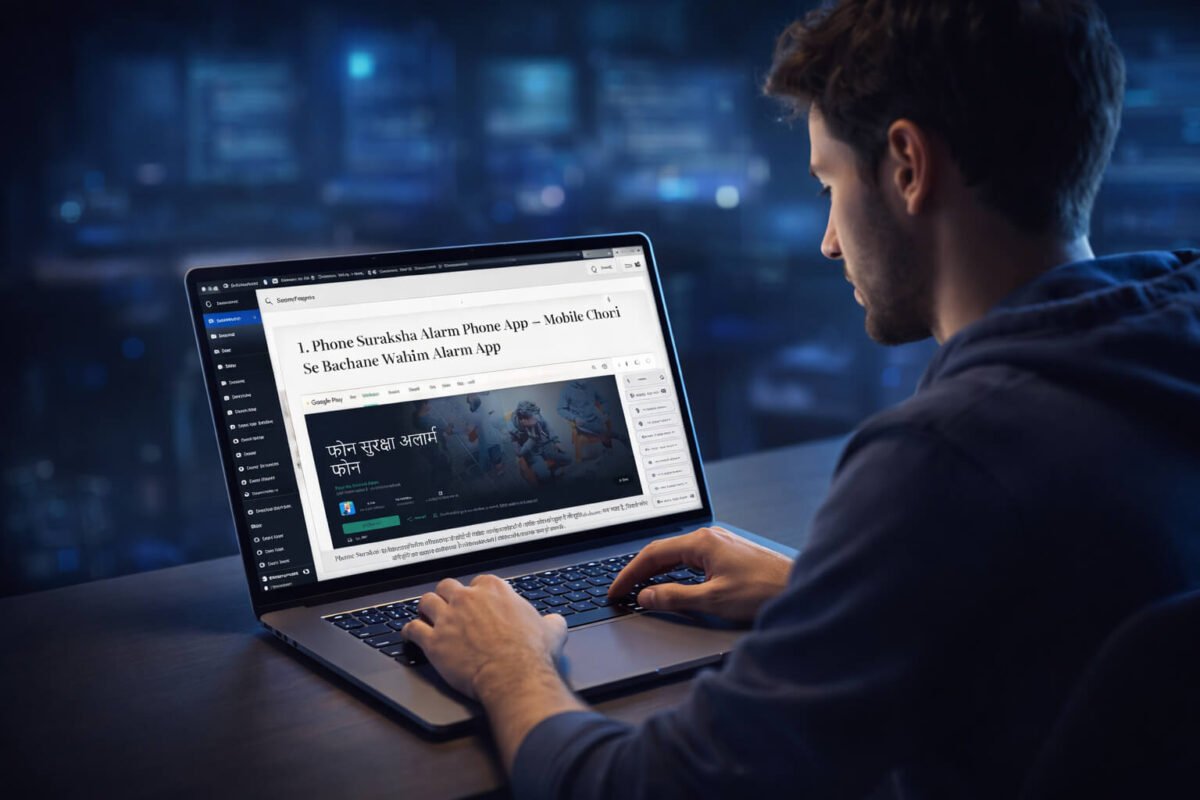 Developer writing a blog on a laptop using the WordPress dashboard in a modern workspace