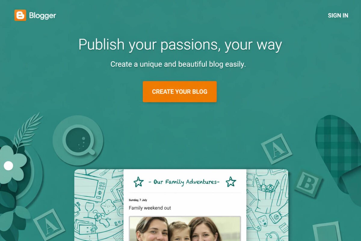 Blogger free blogging platform homepage showing create your blog option