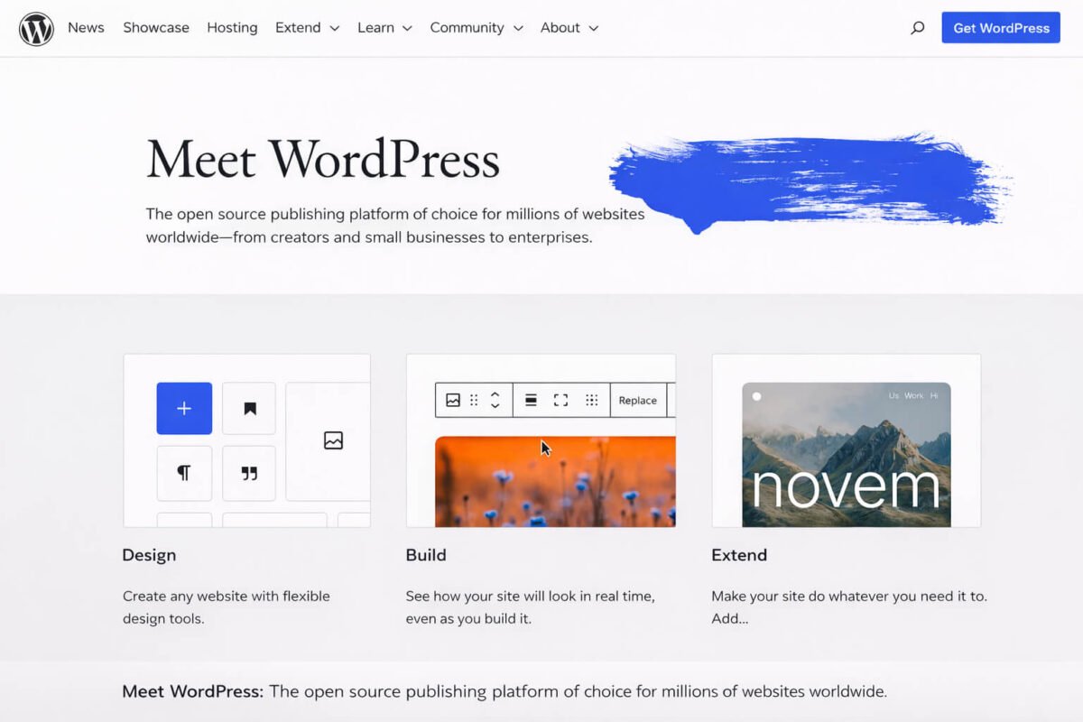 WordPress.org homepage interface showing Meet WordPress section and website builder features
