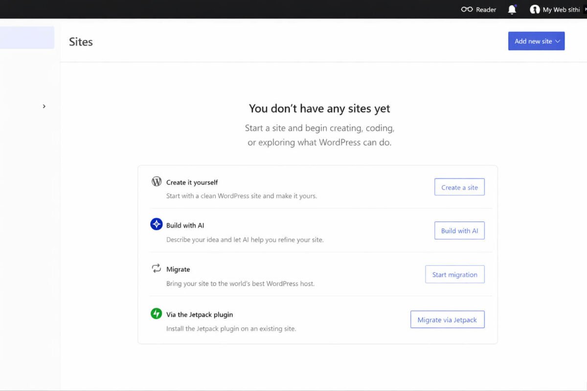 WordPress.com dashboard interface showing site creation options, including create site, build with AI, migrate site, and Jetpack plugin options.