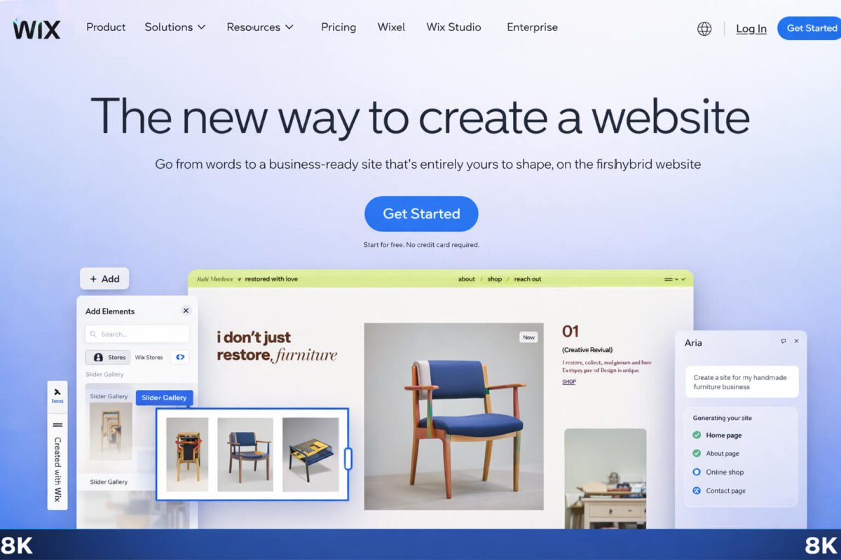 Wix website builder homepage interface showing website creation tools, drag and drop editor preview, and Get Started button.