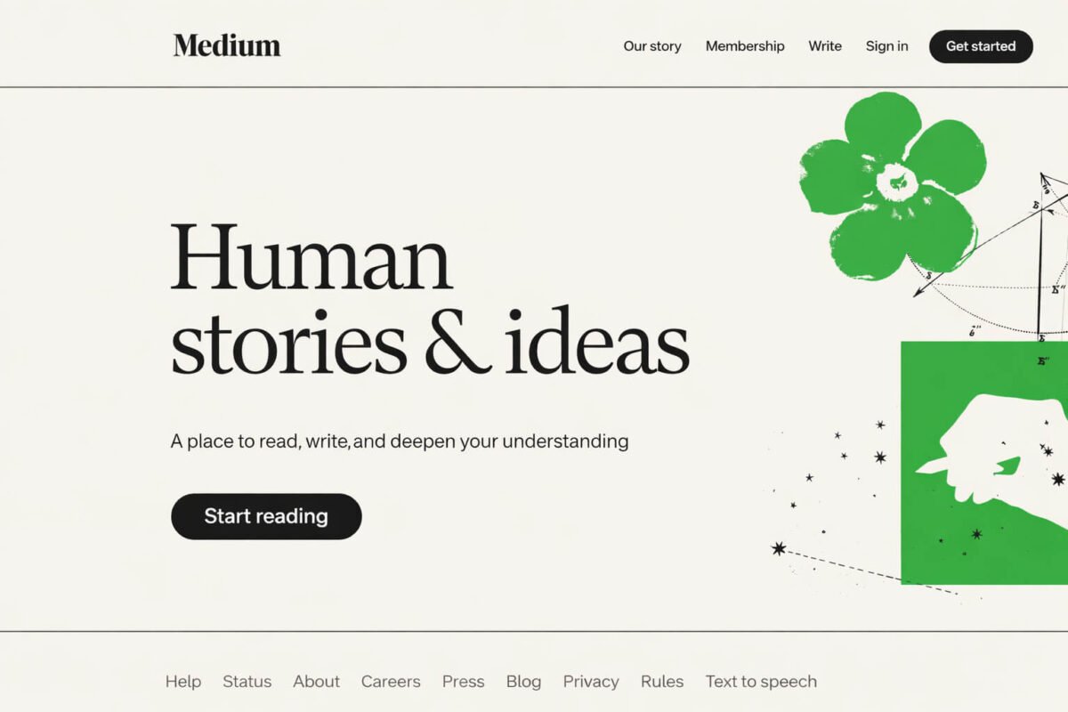 Medium blogging platform homepage interface showing “Human stories & ideas” headline and start reading button.