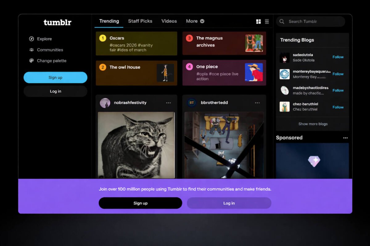 Tumblr blogging platform dashboard showing trending posts, blogs and community feed interface