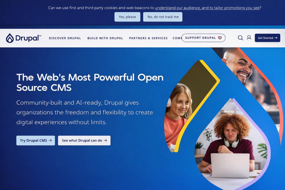 Drupal open source CMS homepage interface showing navigation menu and website building features.