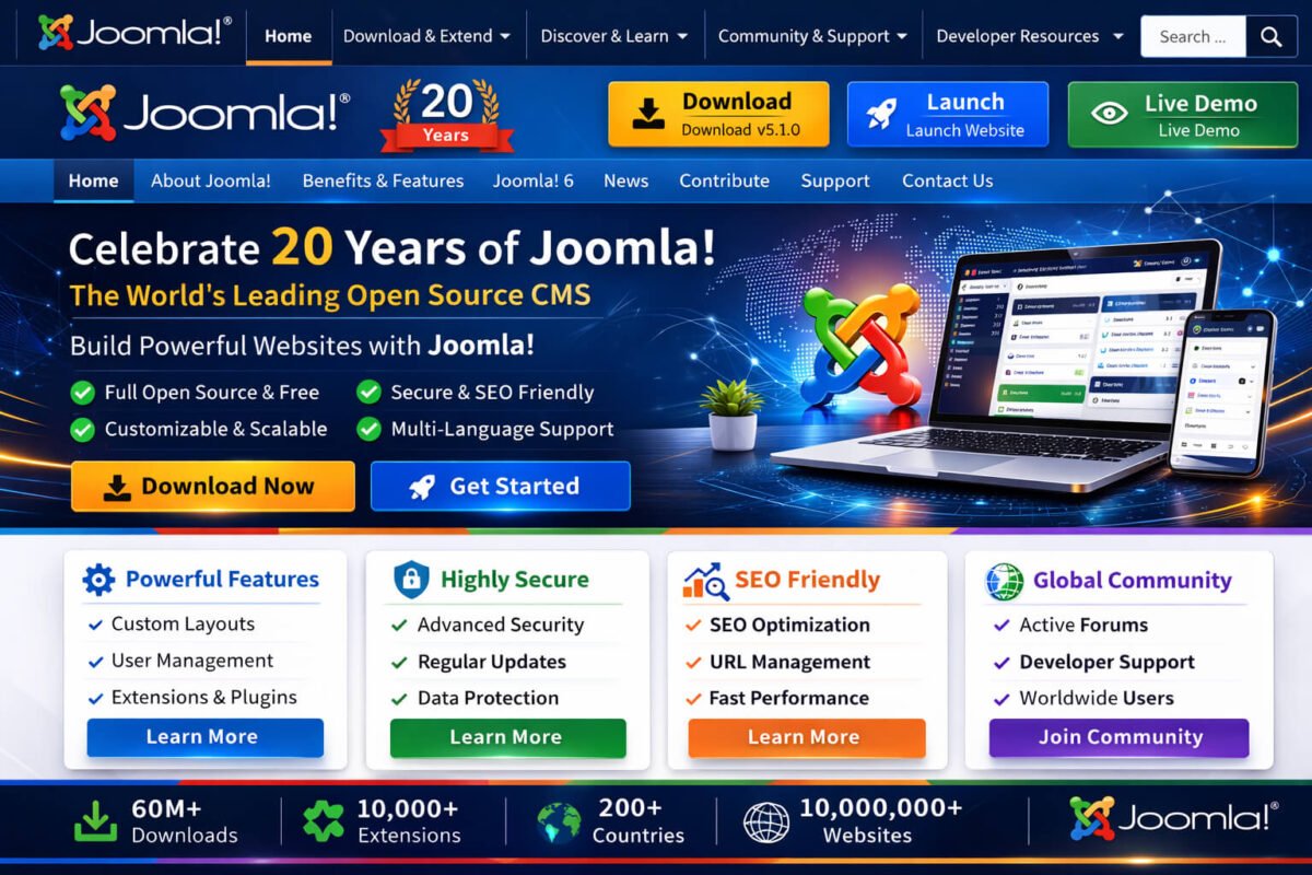 Joomla CMS official website homepage interface showing open source content management system features and navigation menu.
