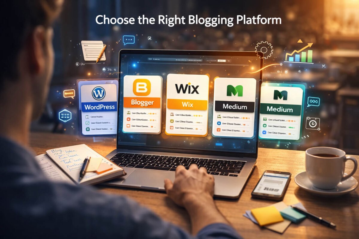 Laptop screen par WordPress, Blogger, Wix aur Medium jaise blogging platforms ke options dikhte hue, ek blogger workspace jahan notebook, mobile aur coffee mug rakha hua hai.