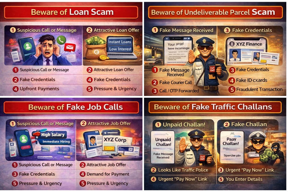 Loan scam, parcel scam, fake job calls and fake traffic challan scam explained with step by step process infographic