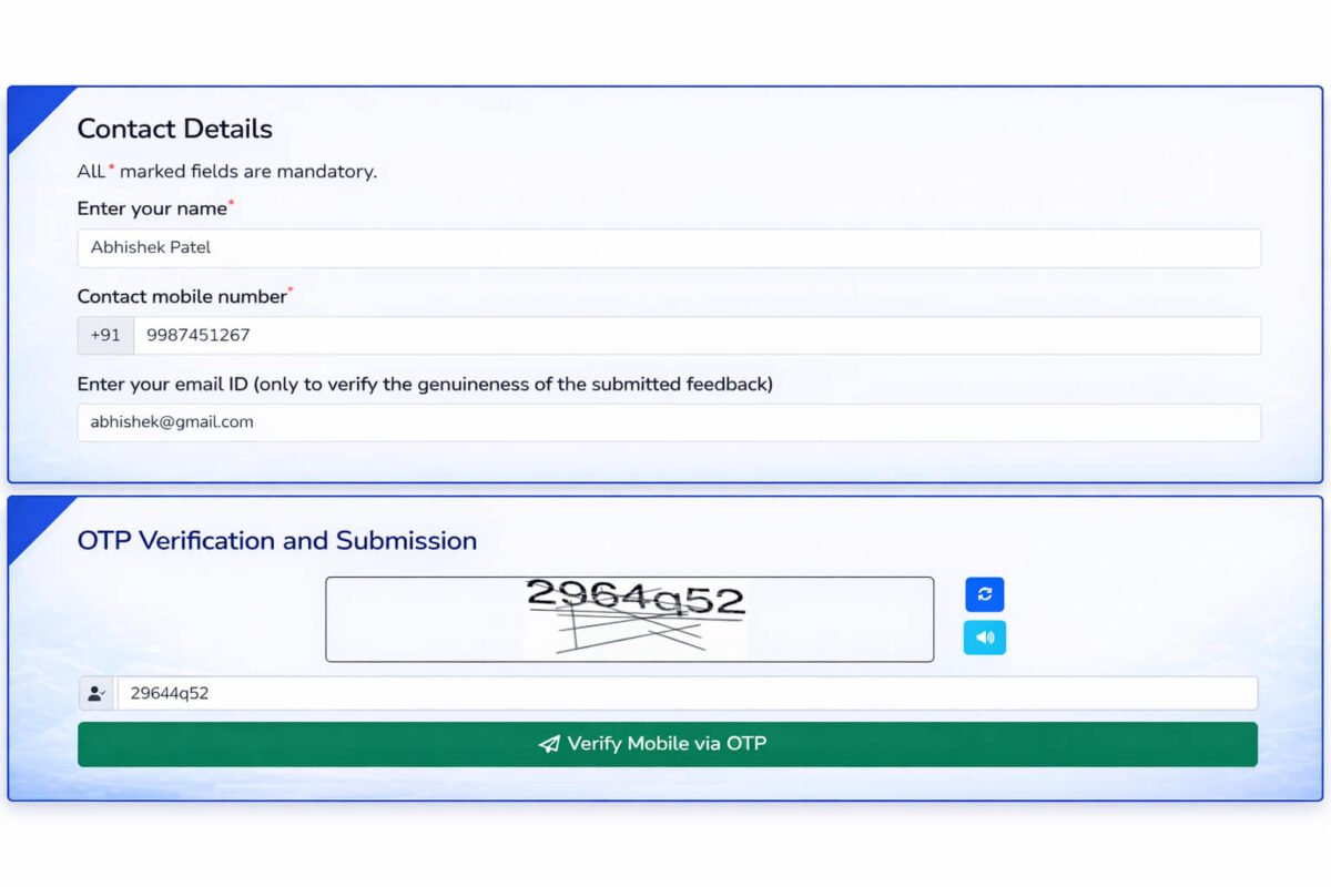 contact details form with OTP verification and captcha submission online
