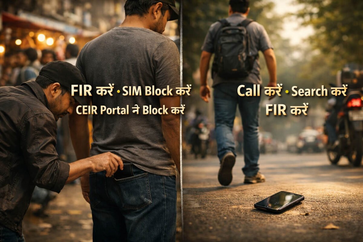 Mobile chori aur mobile kho jane ka difference dikhata hua image, jisme ek side chori aur dusri side phone girna dikhaya gaya hai aur sath me FIR, SIM block aur CEIR steps likhe hain