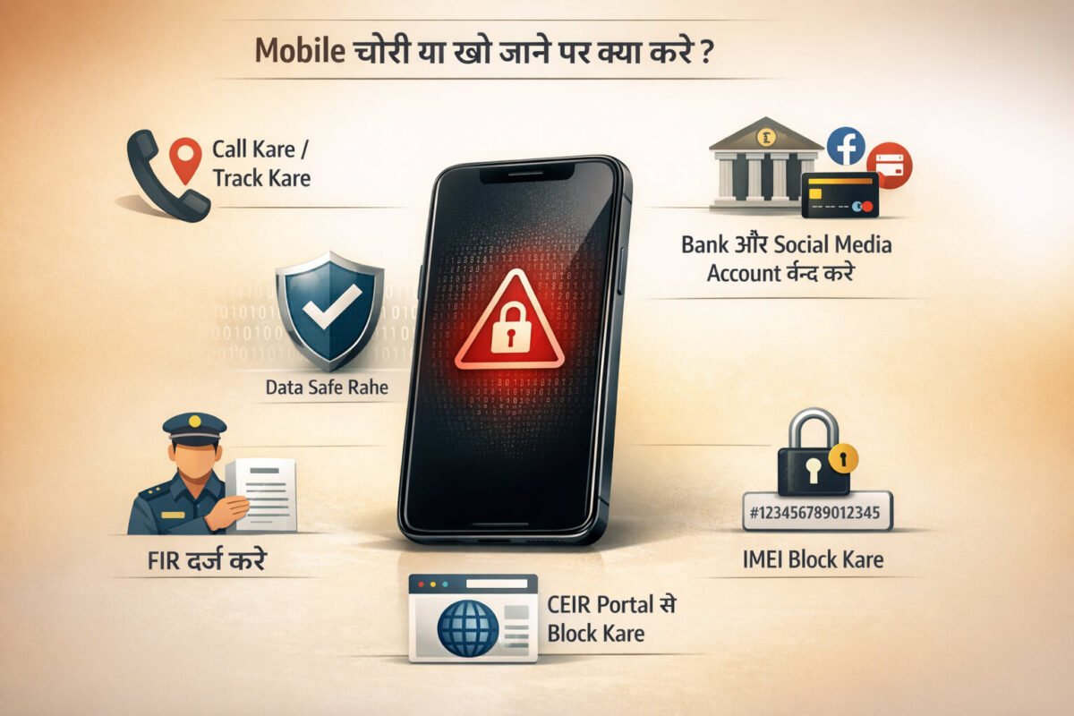 Mobile chori hone par kya kare infographic jisme SIM block, bank account block, social media account band karne aur fraud se bachne ke steps dikhaye gaye hain
