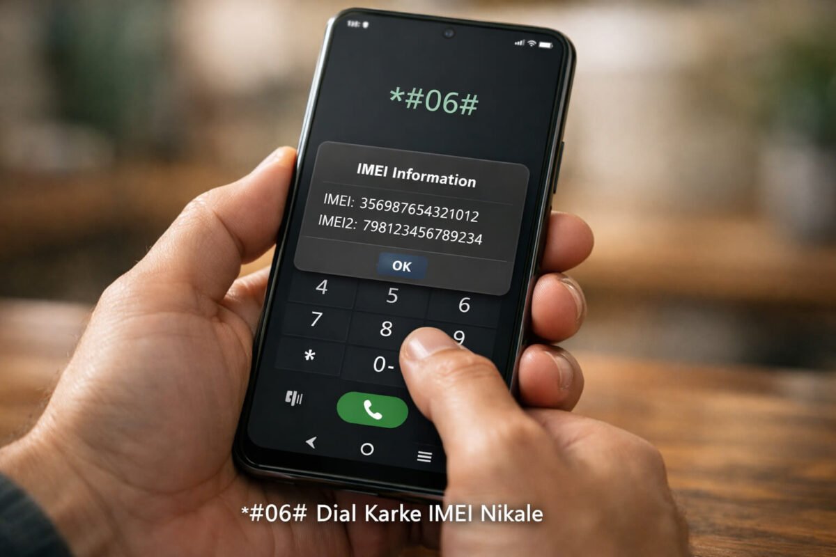 *Mobile me #06# dial karke IMEI number check karte hue dikhaya gaya hai