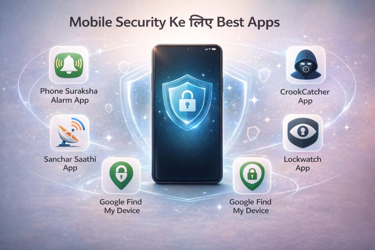 Mobile security apps infographic jisme phone ko protect karne ke liye 5 apps dikhaye gaye hain jaise CrookCatcher, Lockwatch aur Find My Device