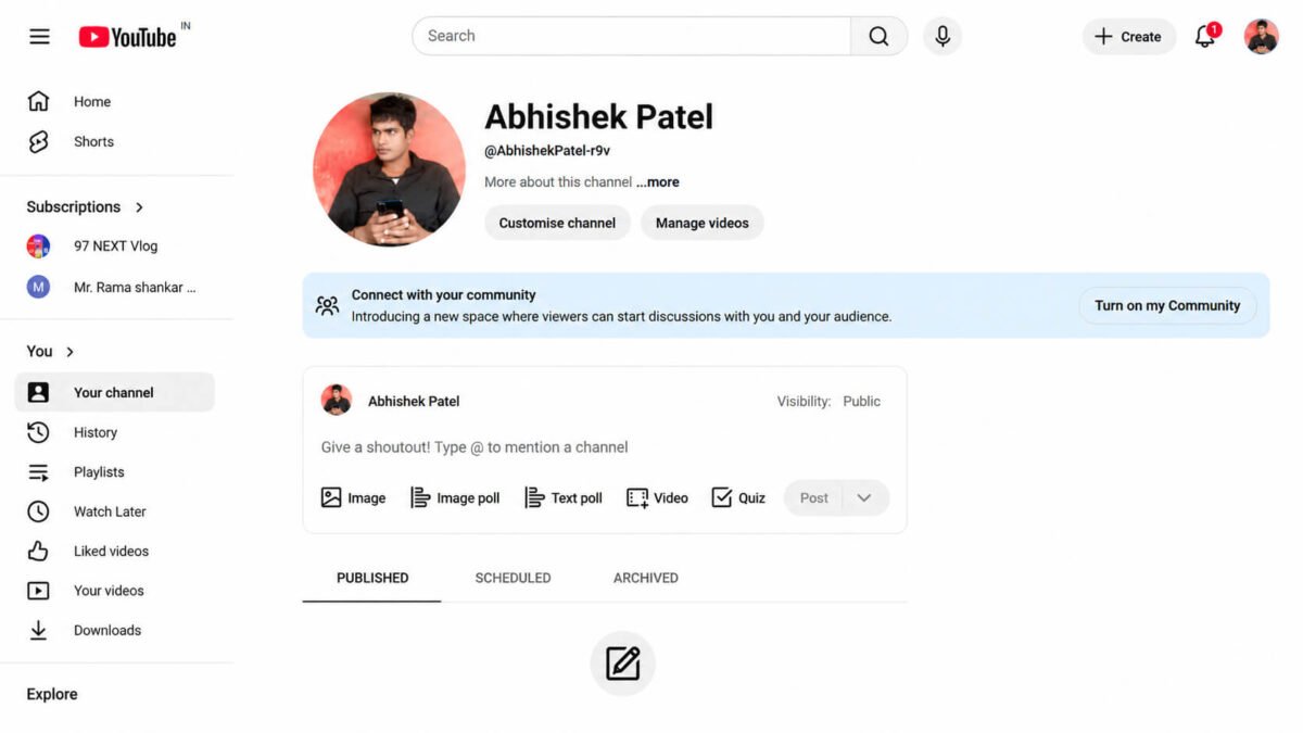 youtube channel dashboard profile page screenshot
