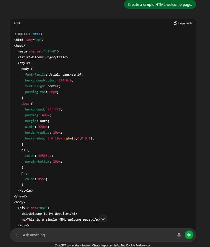ChatGPT generated simple HTML welcome page code example