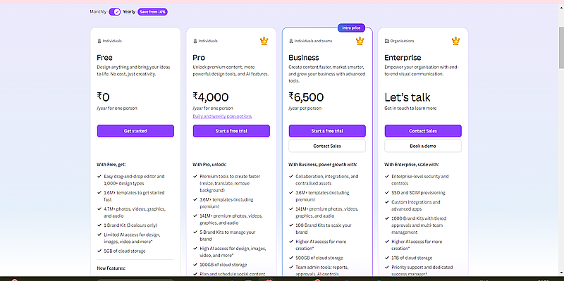 Canva pricing plans comparison Free Pro Business Enterprise features