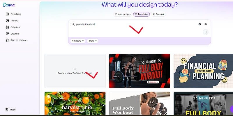 Canva me YouTube thumbnail search result templates