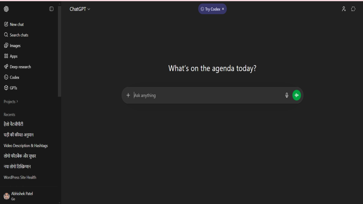 ChatGPT ka dashboard interface jisme ask anything search bar aur sidebar options dikh rahe hain
