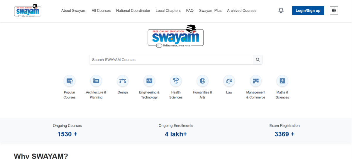 SWAYAM online learning platform homepage