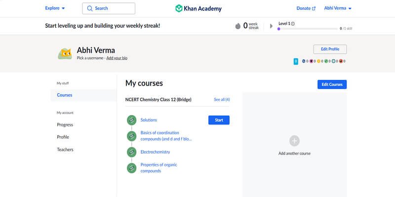Khan Academy dashboard interface showing courses and learning progress