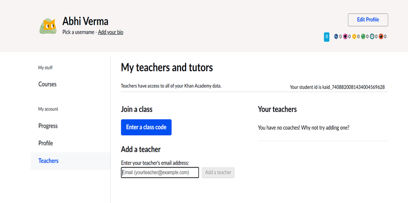 Khan Academy add teacher page showing class code and teacher email option