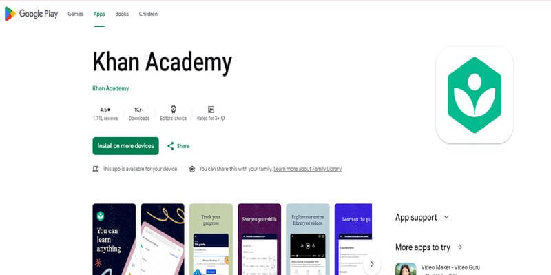 Khan Academy mobile app on Google Play Store showing app details and download option