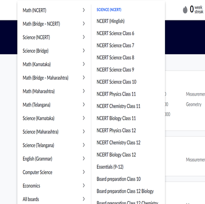 Khan Academy courses menu showing NCERT math science and board courses list