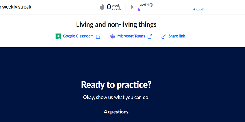 Khan Academy practice quiz page showing Google Classroom Microsoft Teams and practice questions