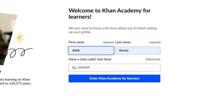 Khan Academy learner profile setup page showing first name and last name form